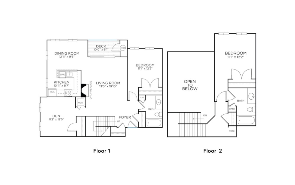 Warren-LOFT-R - 3 bedroom floorplan layout with 2 baths and 1355 square feet.